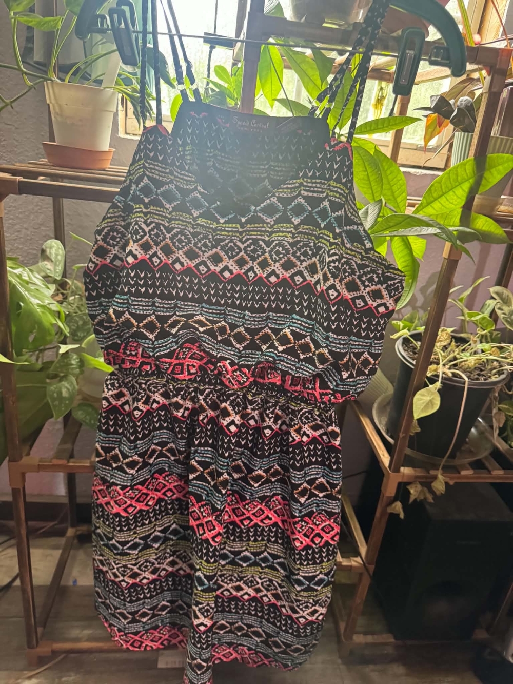 Speed Control Black Mini Dress with Pink and Multicolor Aztec Print